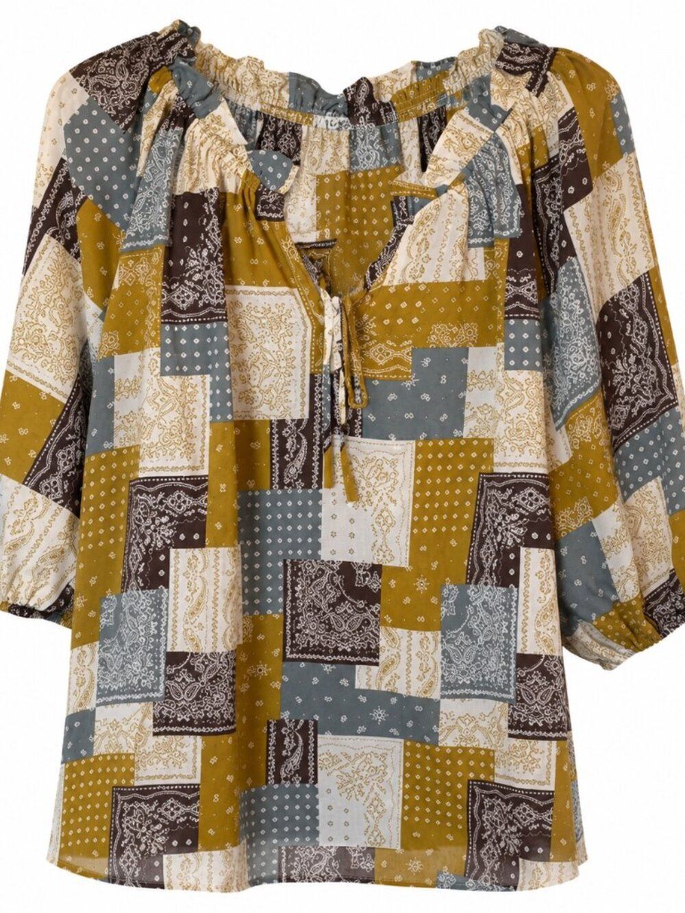Davi & Dani Boho Blouse Womens Size M Mustard Hankerchief Patchwork 3/4 Sleeve